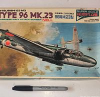 Close-up of LS Mitsubishi G3M3 Type 96 MK.23 model kit box art with size reference marker