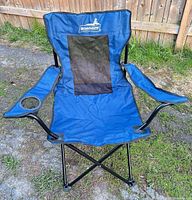 Front view of Broadstone blue folding camping chair.