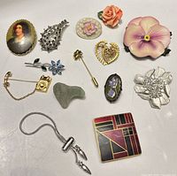 All 14 brooches and pins arranged front view