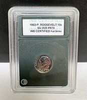 Front view of INB-slabbed 1963-P Roosevelt dime showing label and coin