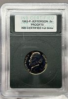 Front view of slab showing INB Certified 1963-P Jefferson 5¢ Proof70 coin