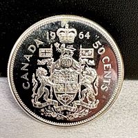 Reverse of 1964 Canadian 50-cent coin displaying Canadian Coat of Arms and denomination