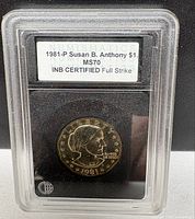 Front of INB-slabbed 1981-P Susan B. Anthony dollar showing obverse and certification label