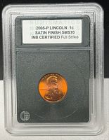 Front view of INB-slabbed 2005-P Lincoln cent showing label and coin
