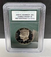 Obverse side of slabbed 2005-S Kennedy half dollar with INB PF70 label visible
