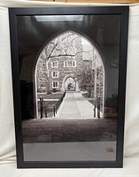 Front view of framed architectural photograph showing image, frame, and glass