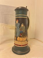 Full view of tall Mettlach stein showing tavern scene and inscription