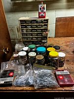 overview of cabinet, jars, bags and boxes