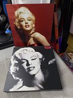 Both Marilyn Monroe vinyl prints side by side showing colour and black-and-white versions