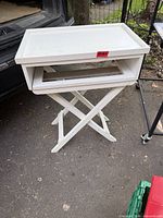 White wooden folding X-frame kids table desk with tray top