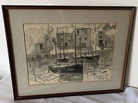 Framed charcoal harbor drawing front view