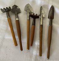front view of six miniature garden hand tools showing heads and wood handles