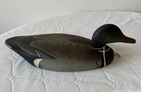 Left side view of painted mallard decoy showing full body profile
