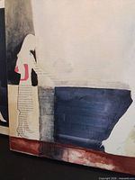 Left panel showing newspaper collage silhouette and navy block