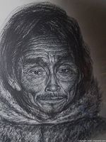 Close-up of Inuit elder face showing lithograph detail