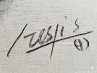 Close-up of artist signature on textured surface