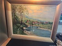Frontal view of framed oil painting showing entire artwork and frame