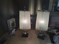 Both lamps illuminated showing matching design, shades, bases