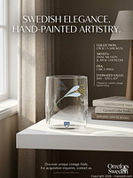 Promotional graphic displaying Orrefors Crocus vase on white shelf
