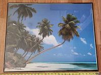 Full view of framed tropical beach print with measuring tape showing width