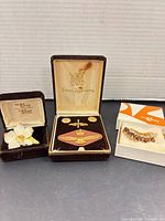 Three Hudson’s Bay boxes showing dogwood brooch, RCAF insignia set, amber rhinestone brooch