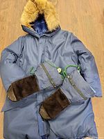 Navy parka with fur hood and matching mittens displayed flat