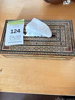 Top view of Syrian wood tissue box cover showing geometric bone/ivory inlay and tissue slot