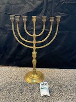Full front view of brass seven-branch menorah on carpet background
