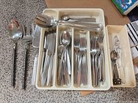 Flatware set in tray showing knives, forks, spoons and servers