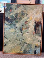 Front view of abstract painting in wood floater frame