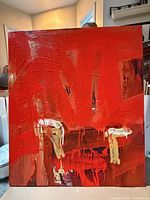 Front view of the abstract acrylic painting showing colors, texture and overall condition