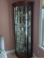 Full view of curved glass corner curio cabinet against wall