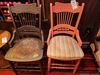 Front view showing full chair, paint colour, upholstery, carved and spindle back