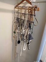 Full view of hanger holding numerous mixed necklaces