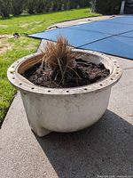 Side view of off-white fibreglass planter on patio