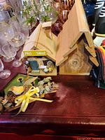Overall view showing both birdhouses, trinket box and nest decor
