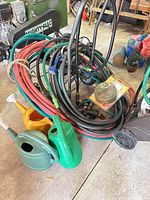 Overall lot showing hose reel cart loaded with hoses, three watering cans, accessories at base