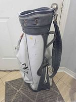 Side profile of NTT golf bag showing logo, strap, pockets and wear