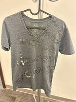 Front of gray Armani Exchange rhinestone logo T-shirt on hanger
