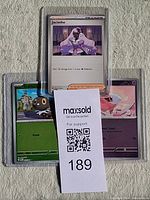 Front view of all three sleeved cards in toploader