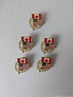 Five identical enamel lapel pins showing Canada and USA flags with "UNITED WE STAND" text