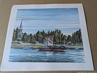 Colour print showing ferry dock with church spire and shoreline buildings