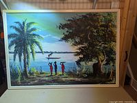 Full view of framed oil painting showing landscape and figures