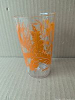 Front view of clear glass with orange fern and flower graphic