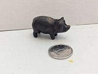 front and side view of miniature bronze-finish pig figurine next to a coin for scale