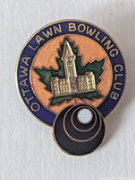 Front view of enamel lapel pin showing colours, text and design