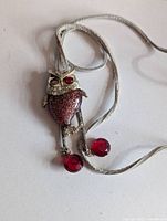 Full bolo tie showing owl slide, cord and red bead tips