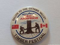 Front view of pinback button showing text, graphics and overall condition