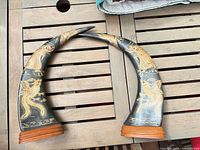 Both carved buffalo horns forming arch, showing designs and wooden bases