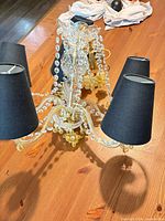 Chandelier top view showing four arms, crystal swags and shades